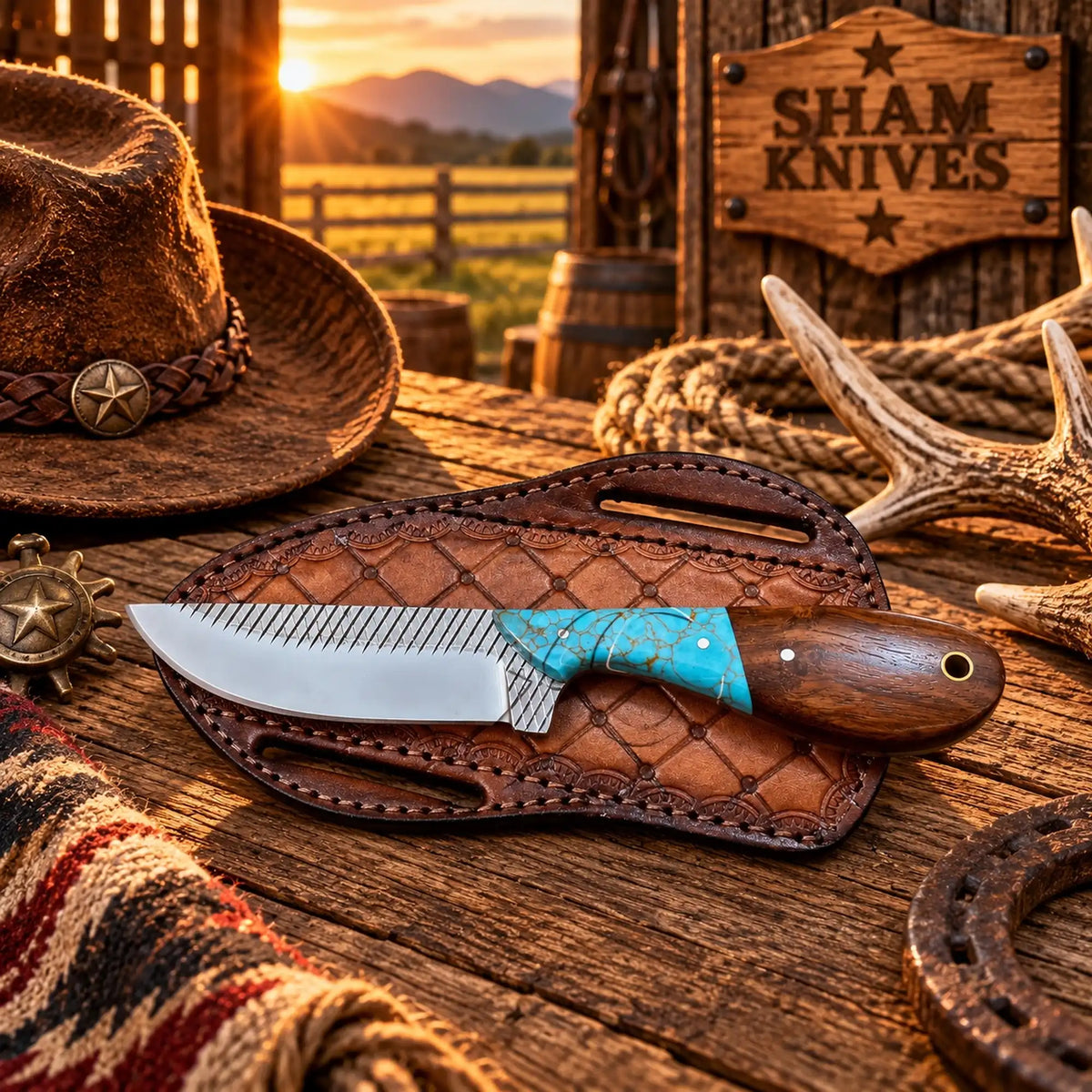 7” Ranch Cowboy Skinning Knife Rasp Steel Wood & Turquoise Handle