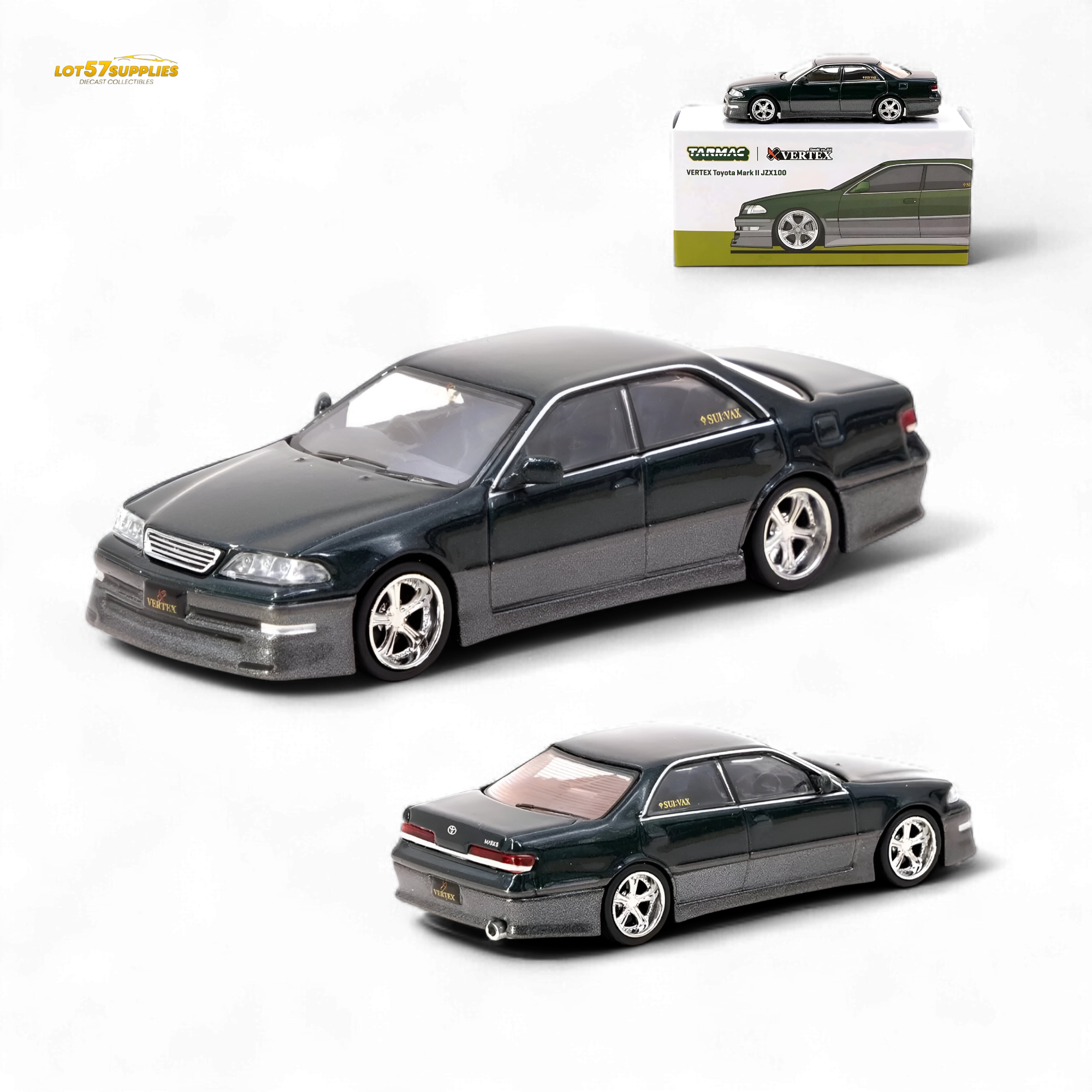 Tarmac Works Global64 VERTEX Toyota Mark II JZX100 Dark Green Metallic 1:64 T64G-024-GR