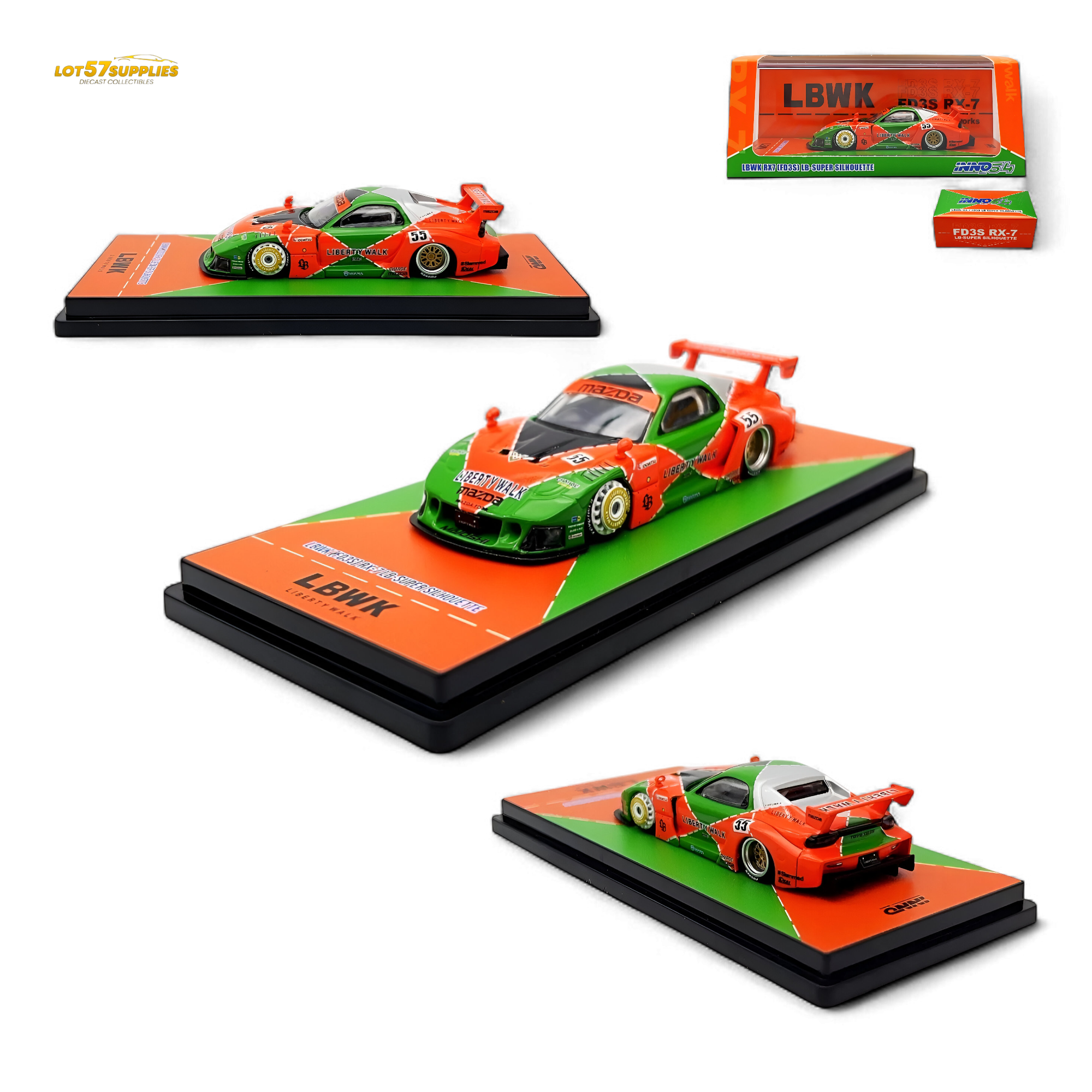 Inno64 Mazda RX-7 LBWK FD3S Orange/Green MDX 24' 1:64 IN64-LBWK-RX7-04