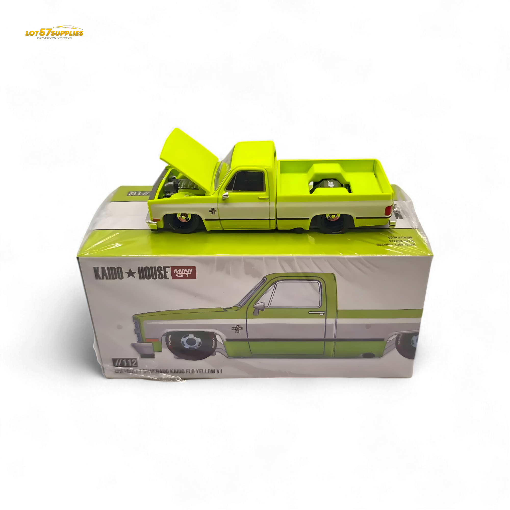 Mini GT x Kaido House Chevrolet Silverado FLO YELLOW 1:64 KHMG112