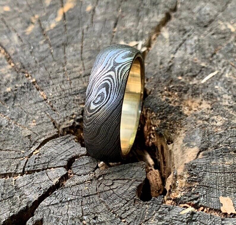 Custom Damascus Steel Anniversary Ring with Brass Inlay