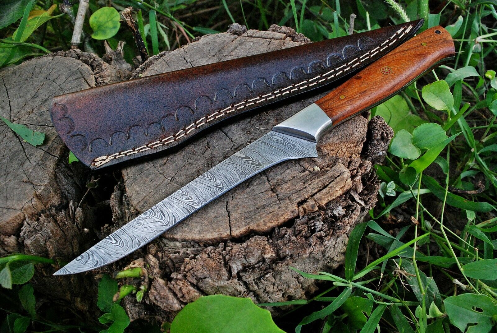 Custom Handmade Damascus Steel Fillet Knife with Rose Wood and Steel Bolster Handle