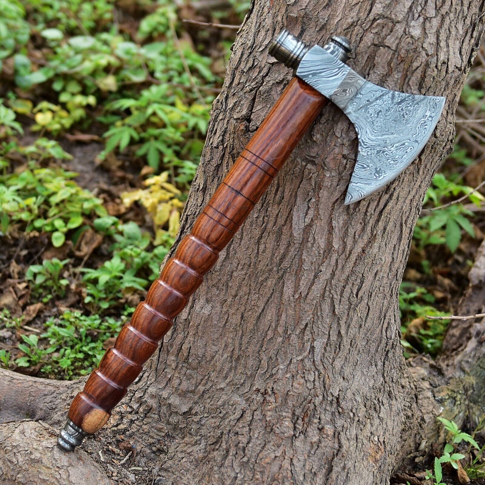 Native American Smoking Tomahawk with Custom Handmade Forged Damascus Steel Blade – "Spirit of the Pipe"