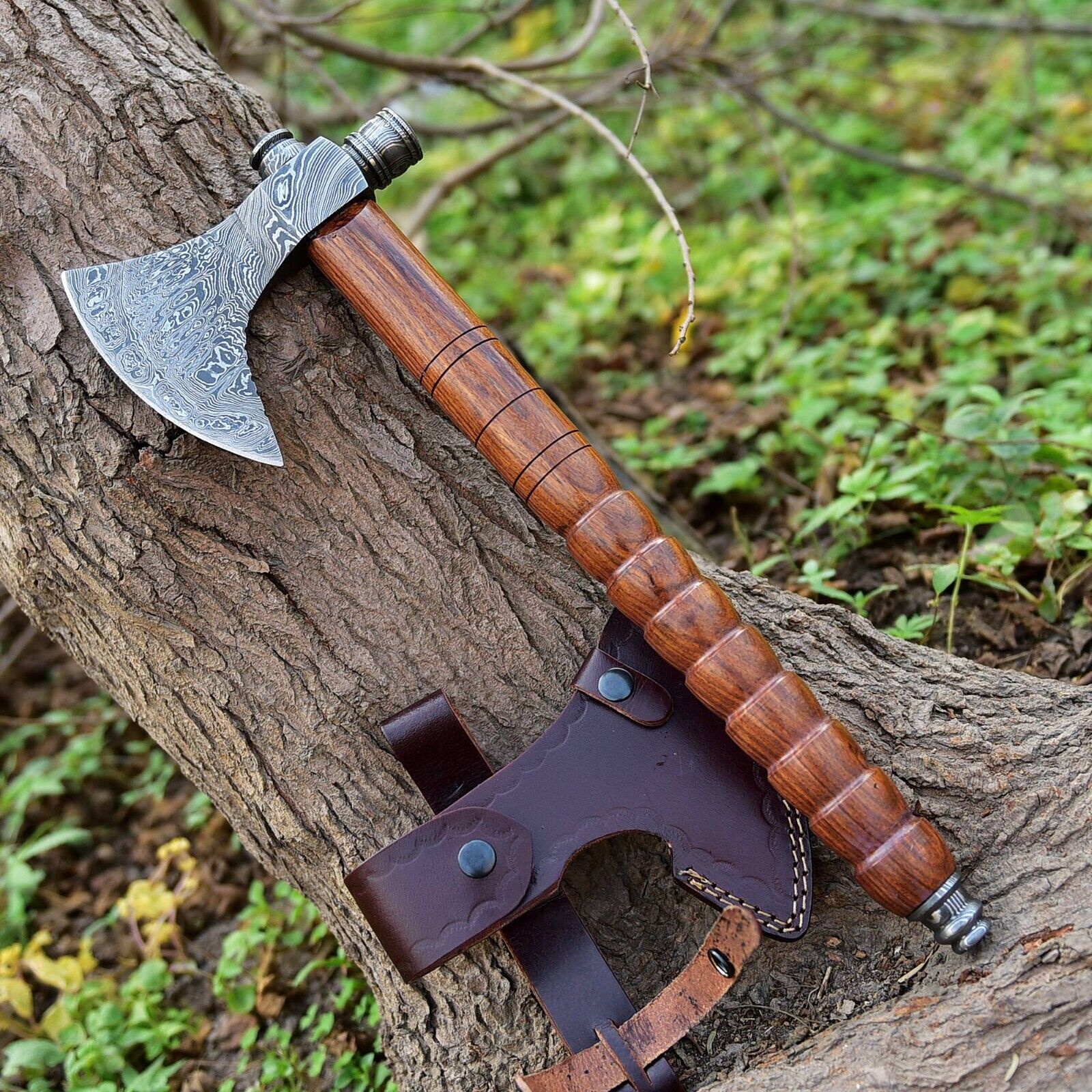 Native American Smoking Tomahawk with Custom Handmade Forged Damascus Steel Blade – "Spirit of the Pipe"