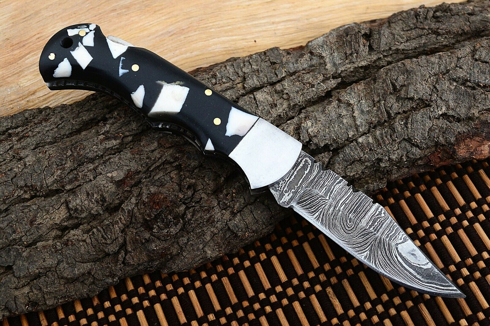 Best Folding Pocket Knife with Black and White Epoxy Resin and Steel Bolster Handle, 3-inch Blade Length