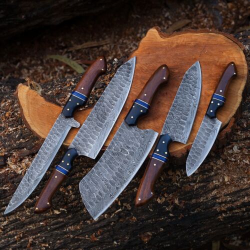 Custom Handmade Damascus Steel Knife Set with Rosewood