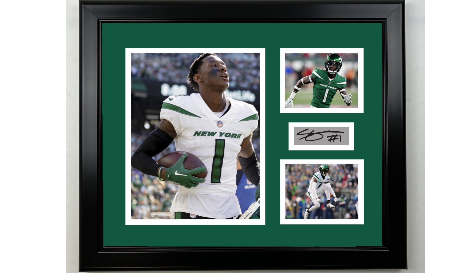 Framed Sauce Gardner New York Jets Facsimile Laser Engraved Signature Football 14x11 3 Photo Collage