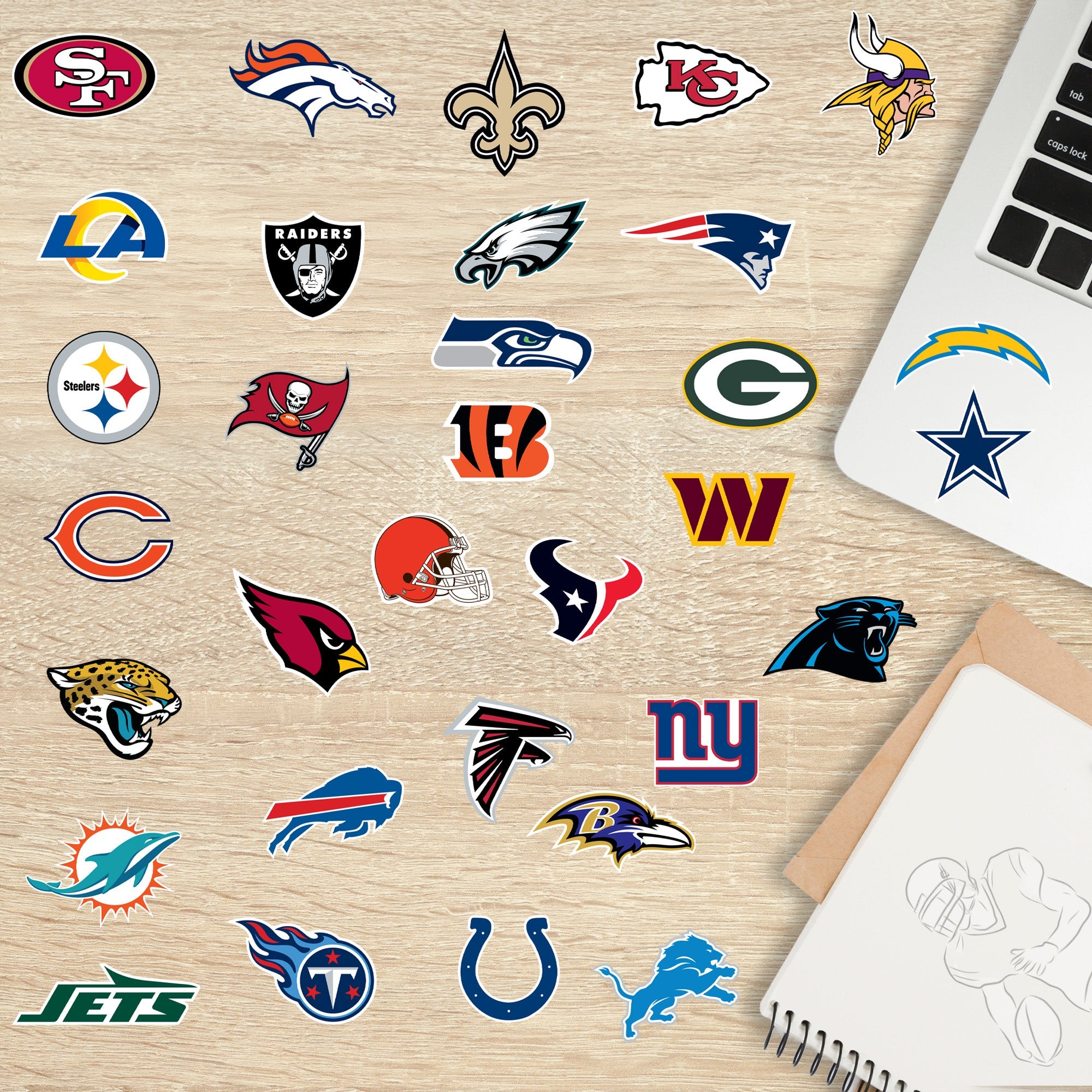 NFL Team Logos - 32 Logo Minis (Mixed Sizes) - Official NFL - Reusable Vinyl Decals