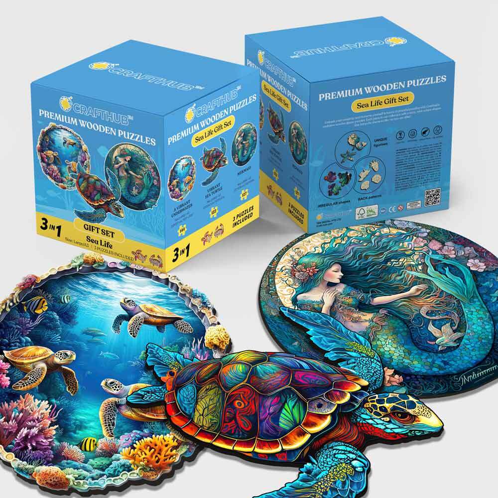 3-Pack Sea Life - Wooden Jigsaw Puzzle Gift Set