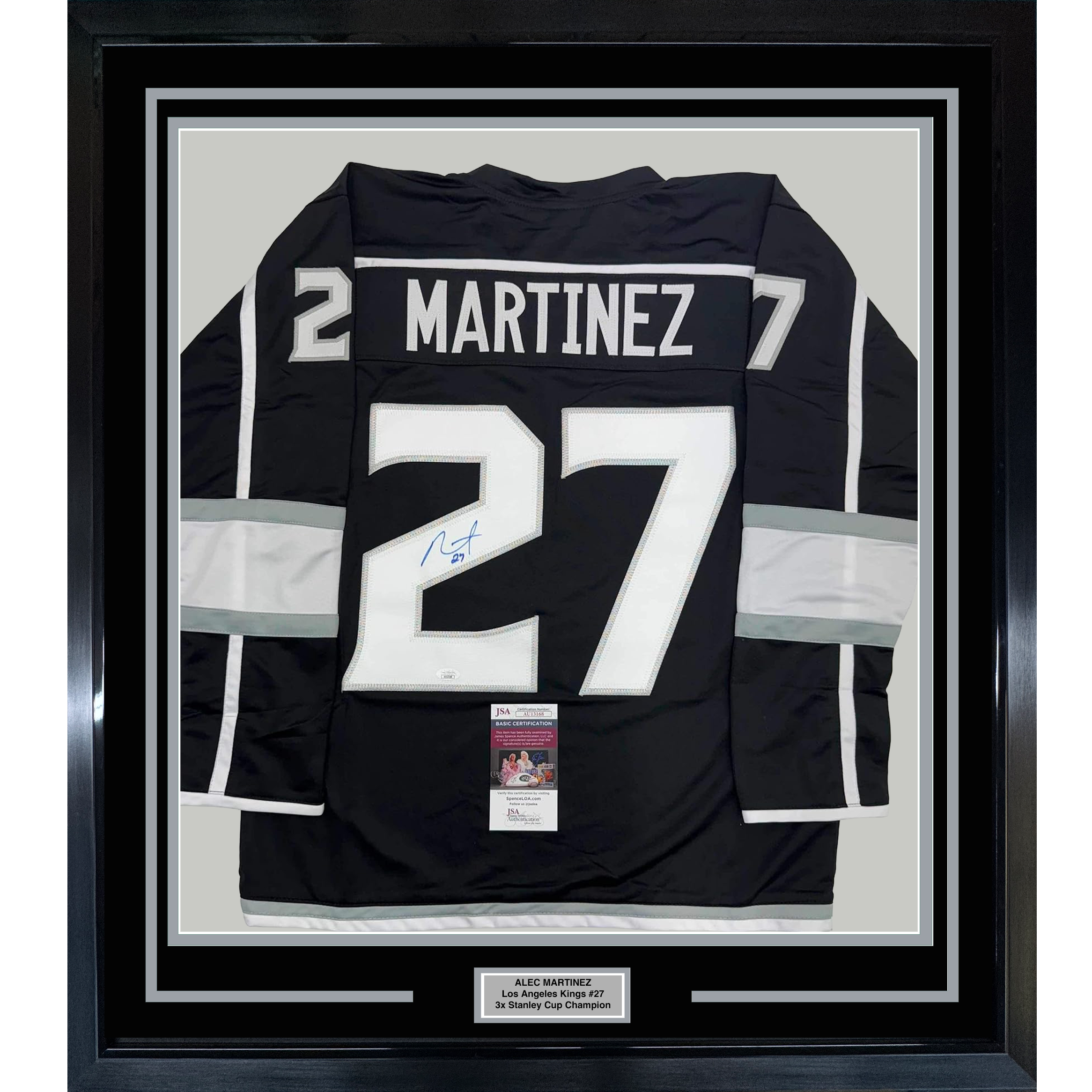 Framed Autographed/Signed Alec Martinez 35x39 Los Angeles LA Black Hockey Jersey JSA COA