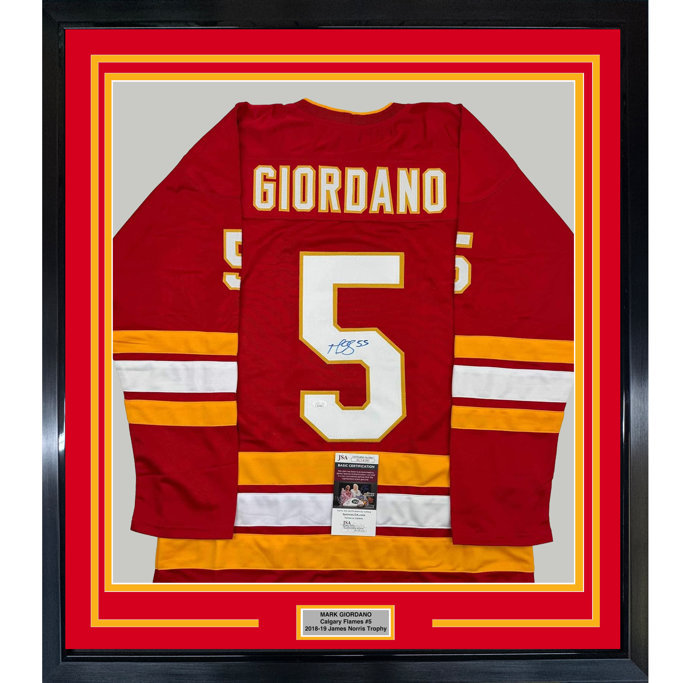 Framed Autographed/Signed Mark Giordano 35x39 Calgary Red Hockey Jersey JSA COA