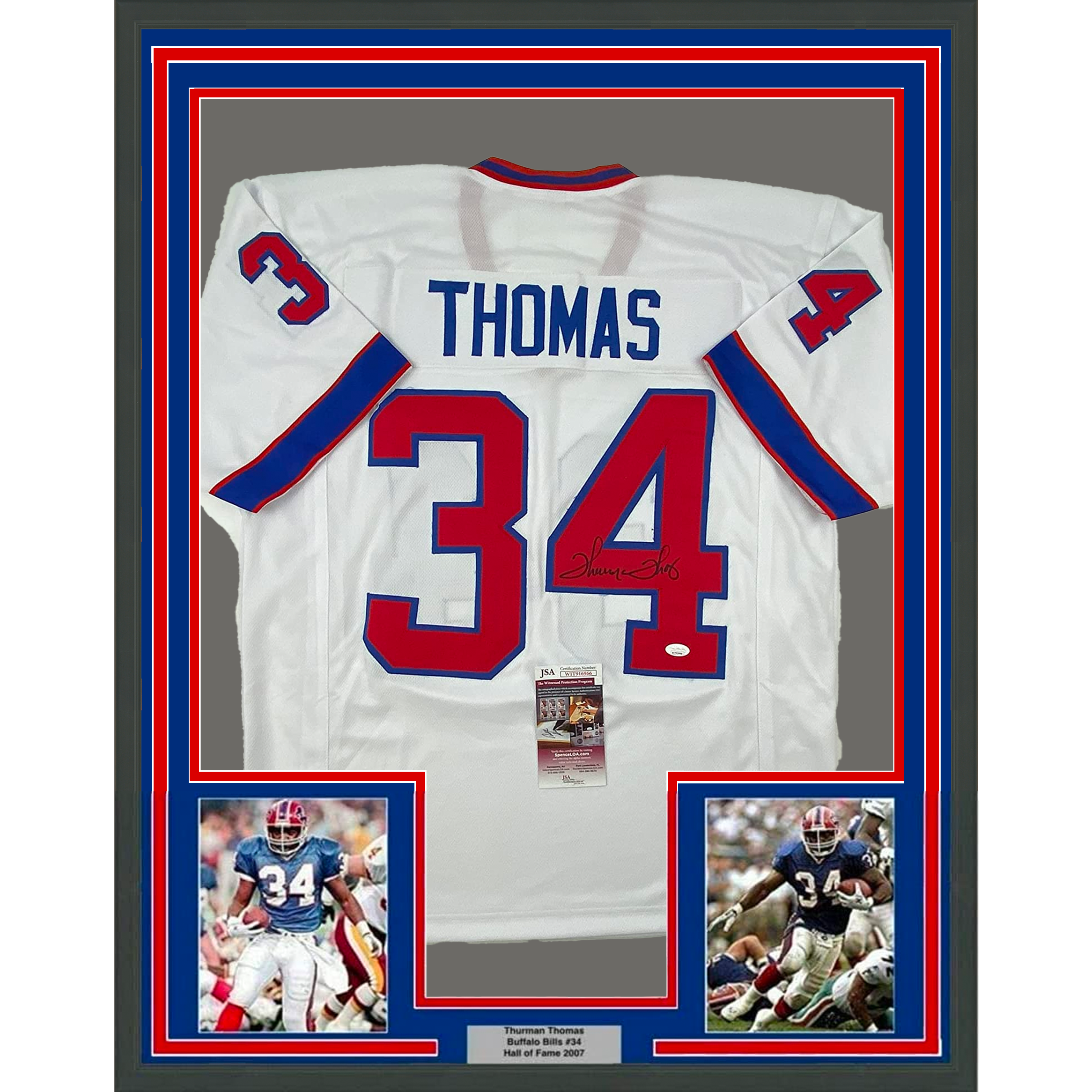 Framed Autographed/Signed Thurman Thomas 35x39 Buffalo White Alternate Football Jersey JSA COA