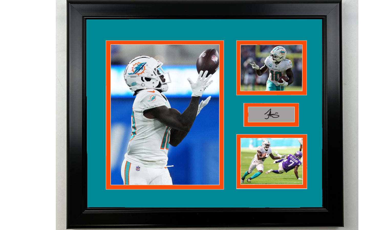 Framed Tyreek Hill Miami Dolphins Facsimile Laser Engraved Signature Football 14x11 3 Photo Collage