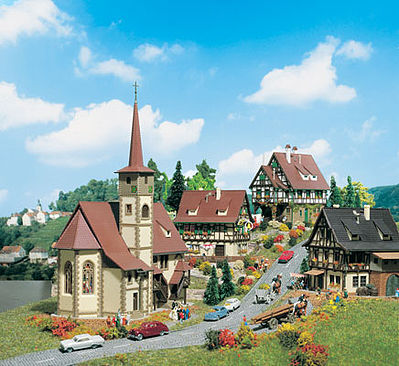 Vollmer 47734 N Scale Church w/Three Half-Timbered Houses -- Includes one each: 7730. 7731, 7733 and 7736