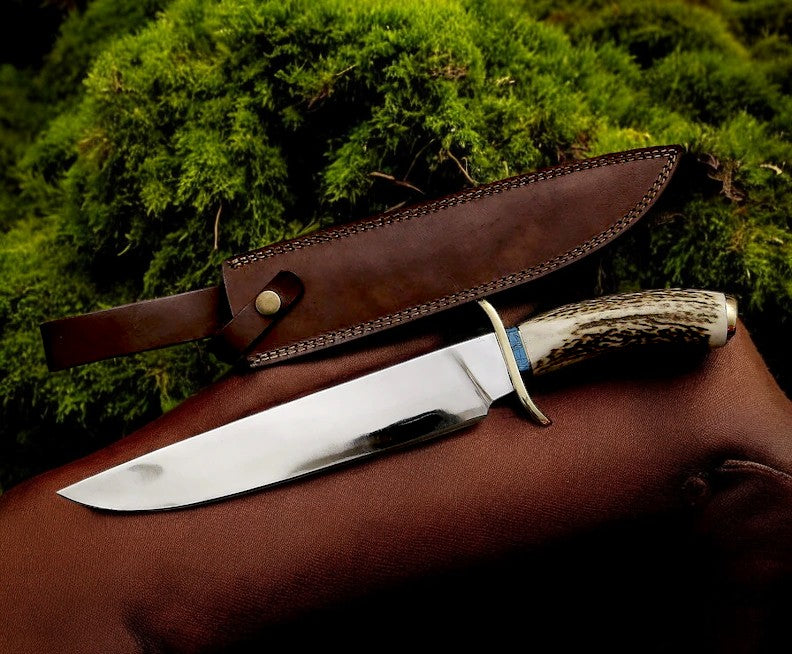 Western Bowie Knife With Antler Handles – 13.5" High-Carbon Steel Blade with Turquoise Inlays