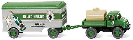 Wiking 37106 HO Scale 1963 Unimog U 406 w/Box Trailer - Assembled -- Keller Geister (green, gray, German Lettering)