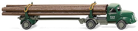 Wiking 39010 HO Scale 1958 Magirus S3500 Tractor w/Log Trailer & Load - Assembled -- W&W Logging (green, gray, German Lettering)