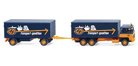 Wiking 45703 HO Scale 1974-1980 Scania 111 Box-Body Truck and Trailer - Assembled -- ASG (blue, yellow, German Lettering)