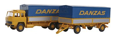 Wiking 47501 HO Scale Magirus 235 D Low-Side Truck w/Trailer - Assembled -- Danzas (yellow, blue, cream)