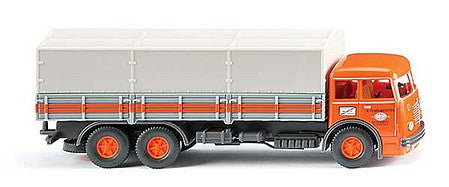 Wiking 47903 HO Scale 1951 Bussing 12.000 Low-Side Truck, Tarp Cover - Assembled -- Fehrkotter (orange, gray; German Lettering)