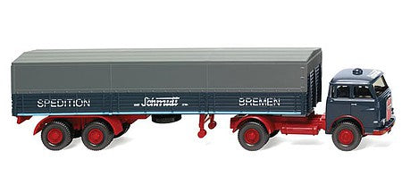 Wiking 51404 HO Scale 1960-1967 MAN Pausbacke Tractor with Low-Side Trailer and Cover - Assembled -- Schmidt (blue, red, German Lettering)