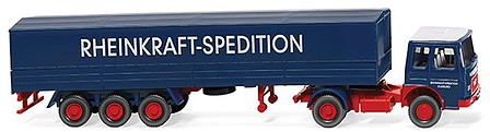 Wiking 51701 HO Scale MAN Tractor w/Low-Side Trailer - Assembled -- Rheinkraft Spedition (blue, red, German Lettering)