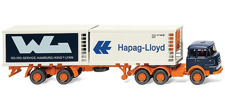 Wiking 52201 HO Scale 1964-1968 Krupp Tractor with 2 40' Containers on Chassis - Assembled -- Blue, Orange Tractor with WL and Hapag Lloyd Containers