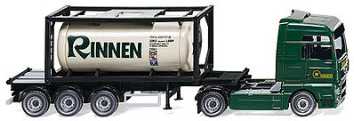 Wiking 53601 HO Scale MAN TGS Euro 6 Tractor w/Container Chassis & 20' Tank Container - Assembled -- Bertschi (yellow, gray w/maroon Container, German Lettering)