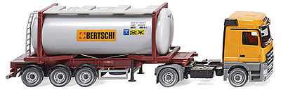 Wiking 53602 HO Scale Mercedes-Benz Actros Tractor w/Swap-Body Tank Container on Chassis - Assembled -- Bertschi (yellow, red, silver, German Lettering)