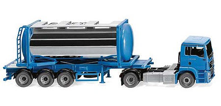 Wiking 53605 HO Scale MAN TGS Euro 6c Tractor, Container Chassis, 20' Tank Container - Assembled -- Blue, Silver