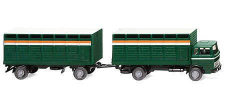 Wiking 56503 HO Scale 1963-1967 Mercedes-Benz Cab-Over Cattle Truck with Trailer - Assembled -- Green, Orange, White