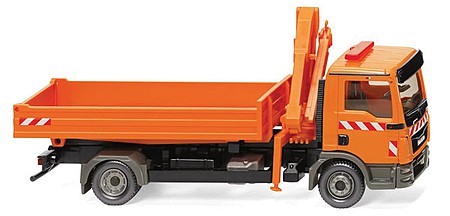 Wiking 67505 HO Scale MAN TGL Euro 6 Low-Side Flatbed with Loading Crane - Assembled -- Orange with Red and White Stripes