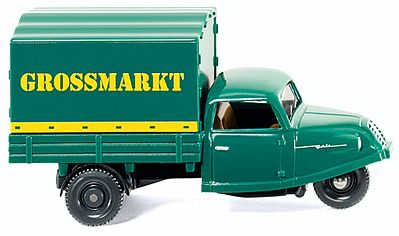 Wiking 84109 HO Scale DRK Goli 3-Wheeled Pickup Truck - Assembled -- With Covered Bed, Grossmarkt (green, yellow German Lettering)