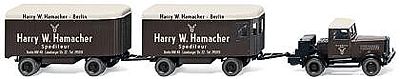 Wiking 85101 HO Scale Hanomag ST 100 Tractor w/2 Furniture Box Trailers - Assembled -- Harry W. Hammacher (brown, white, German Lettering)