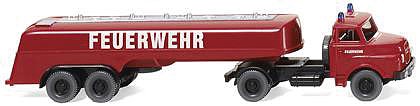 Wiking 86142 HO Scale 1969 MAN Tractor w/Tank Trailer - Assembled -- Fire Department (red, white, German Lettering)