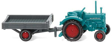 Wiking 95304 N Scale 1953-1958 Hanomag R16 Farm Tractor with Single-Axle Trailer - Assembled -- Blue, Red with Gray Trailer