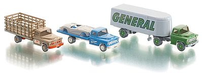 Wiking 99070 HO Scale Classic Chevrolet 3-Truck Set - Assembled -- 1 Each Flatbed (blue), Stakebed (beige) & Tractor/Trailer (green, gray)