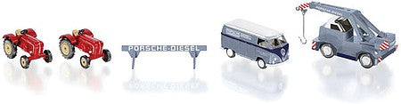 Wiking 99095 HO Scale Porsche Tractor, Demag Crane, VW Van Set - Assembled -- 2 Tractors, 1Van, 1 Crane, Porsche Diesel Barricade