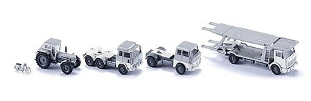 Wiking 99096 HO Scale Lepoix 5-Vehicle Set - Assembled -- Auto Carrier, 2 Semi Tractors, Farm Tractor and Motorcycle