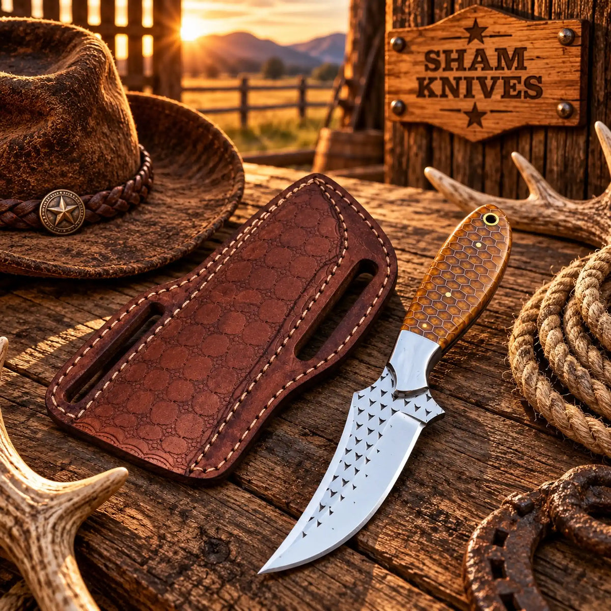 7.5” Wild Bill Western Belt Knife – Rasp Steel & Honeycomb Handle With Tooled Belt Leather Sheath