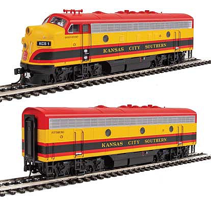 Walthers Mainline 910-19952 HO Scale EMD F7 A-B Set - ESU Sound and DCC -- Kansas City Southern #1 Shreveport, #3 Pittsburg (Belle: yellow, red, Brunsw