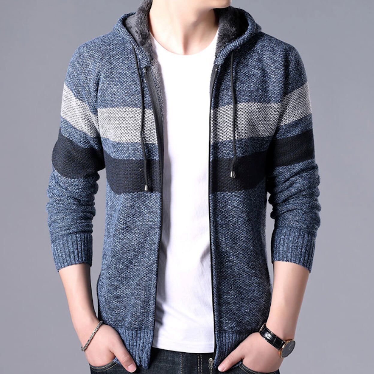 Mens Striped Knit Cardigan with Hood
