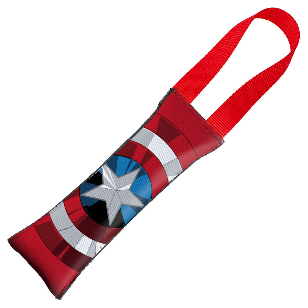 MARVEL AVENGERS Dog Toy Squeaky Tug Toy - Captain American Face + Shield Icon CLOSE-UP Red Red - Red Webbing