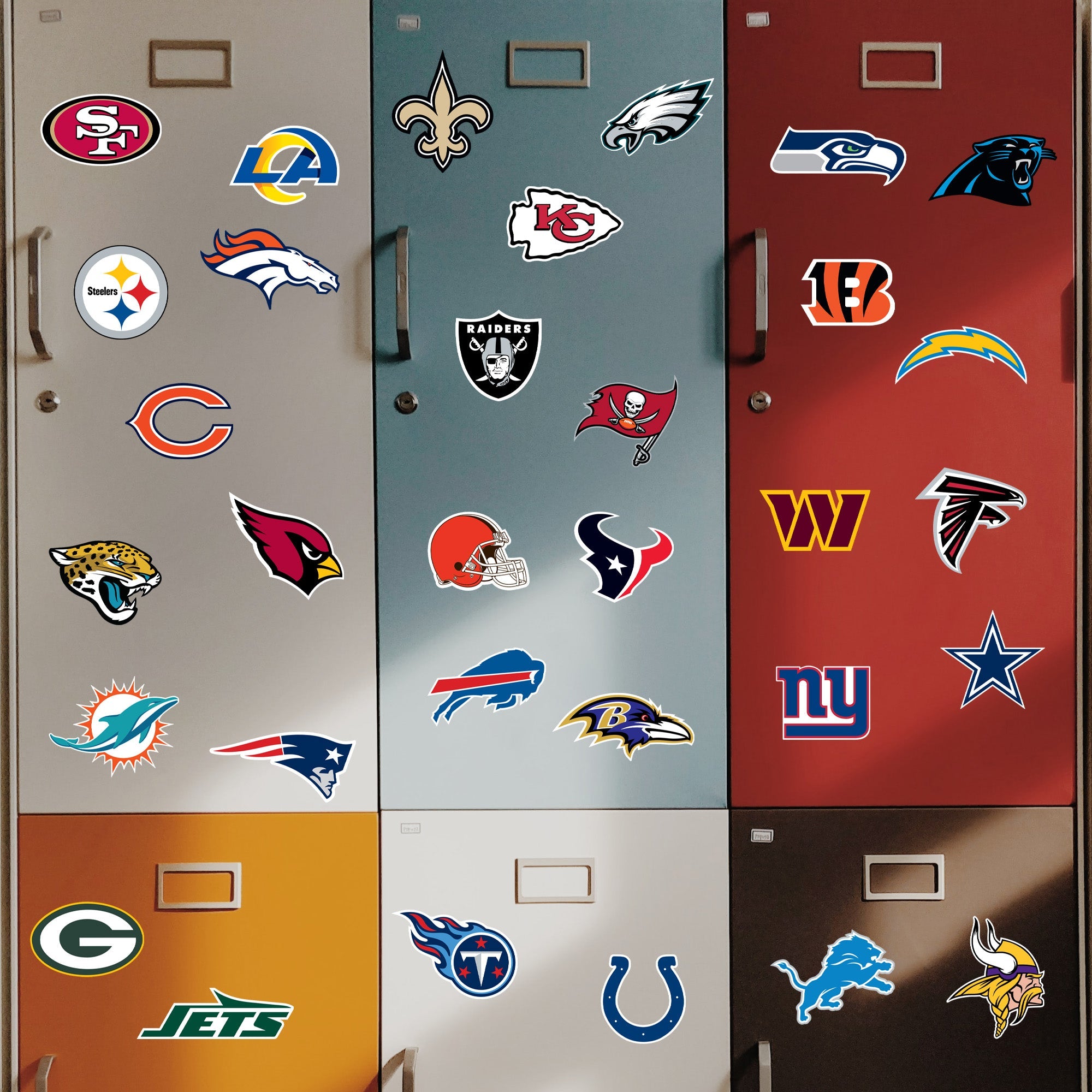 NFL Team Logos - 32 Logo Minis (Mixed Sizes) - Official NFL - Reusable Vinyl Decals