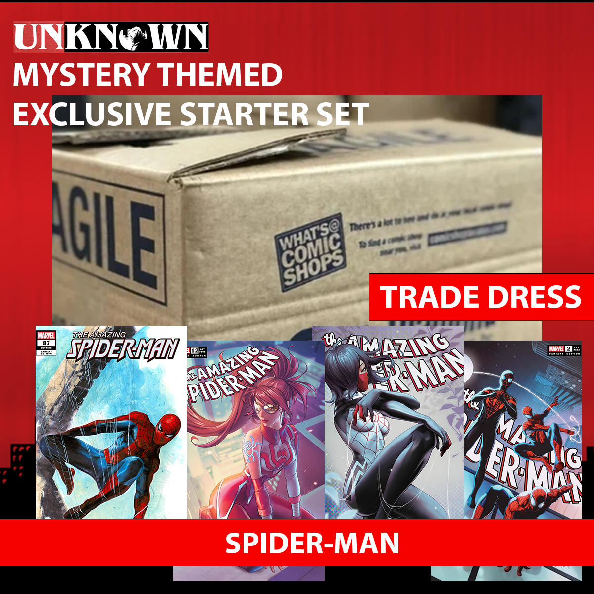 UNKNOWN COMICS MYSTERY THEMED 👉SPIDER-MAN STORE EXCLUSIVE STARTER SET: MIXED CASE OF EXCLUSIVE COMIC BOOKS 👉TRADE DRESS ESTIMATED 120-200 COMICS (06/27/2024)