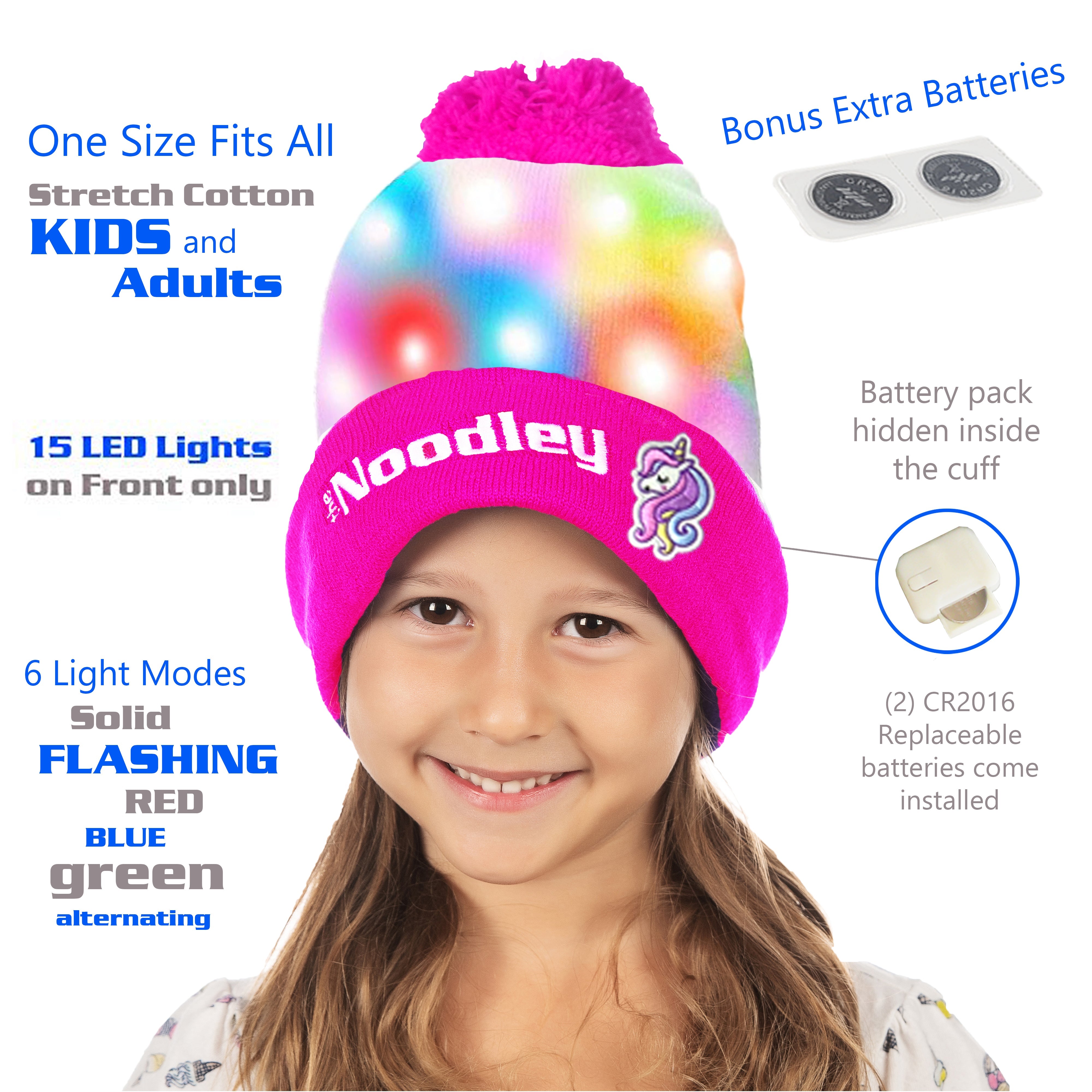 LED Light Up Glow Unicorn Beanie Hat with Pom Gifts for Girls Kids and Boys (One Size)