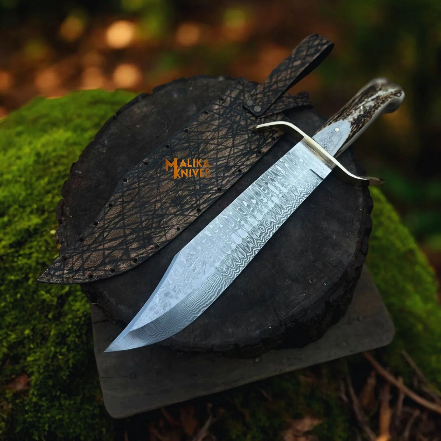 Wild West Bowie Knife Stainless Damascus Stag Handle