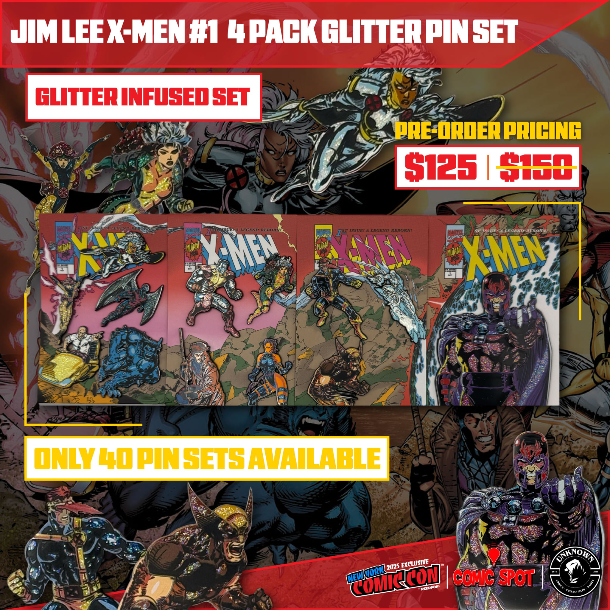 [BUNDLE] Jim Lee X-Men #1 4 Pack Exclusive Enamel GLITTER NYCC EXCLUSIVE Pin Set Only 250 Made | Jim Lee X-Men #1 (1991) Facsimile Foil 4 Pack (10/22/2025)