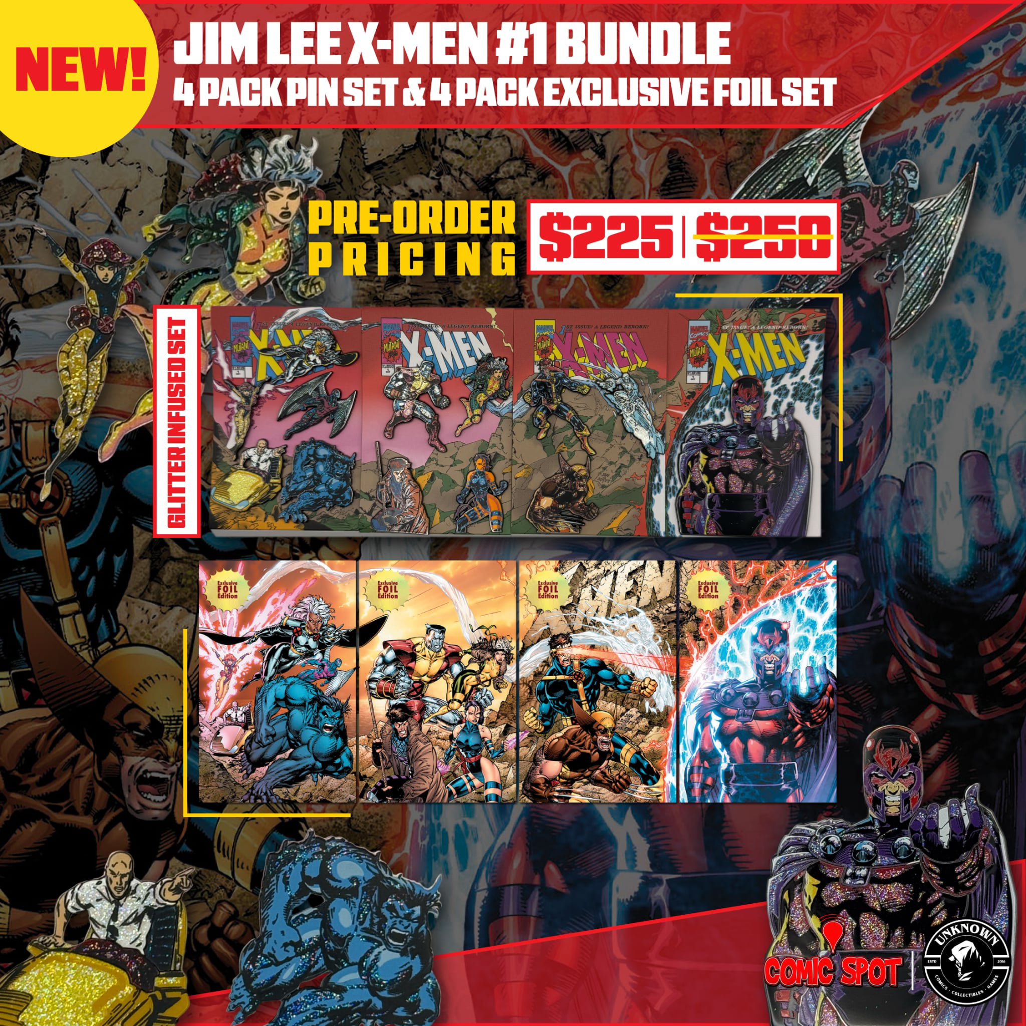 [BUNDLE] Jim Lee X-Men #1 4 Pack Exclusive Enamel GLITTER NYCC EXCLUSIVE Pin Set Only 250 Made | Jim Lee X-Men #1 (1991) Facsimile Foil 4 Pack (10/22/2025)