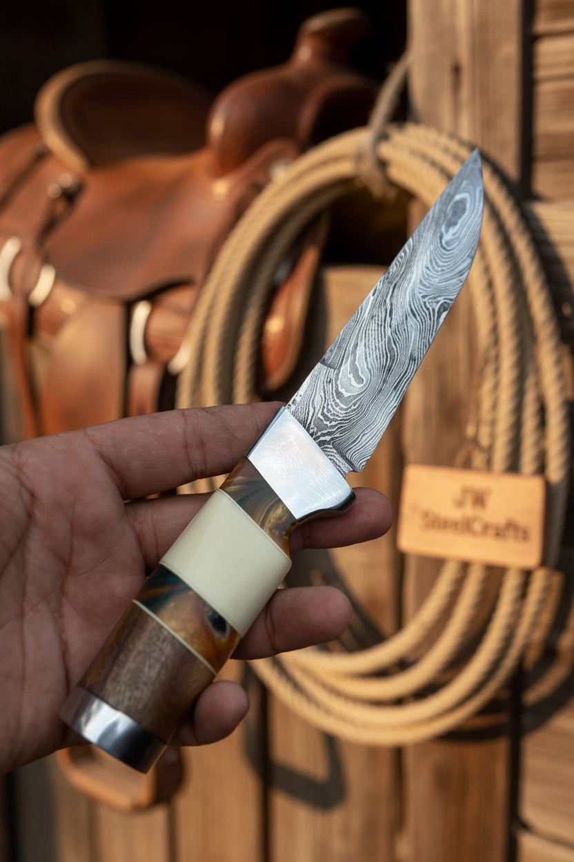 Hunting Knife 4.5” Damascus Steel Straight Back Blade Hybrid Wood Resin Handle Viking-Inspired